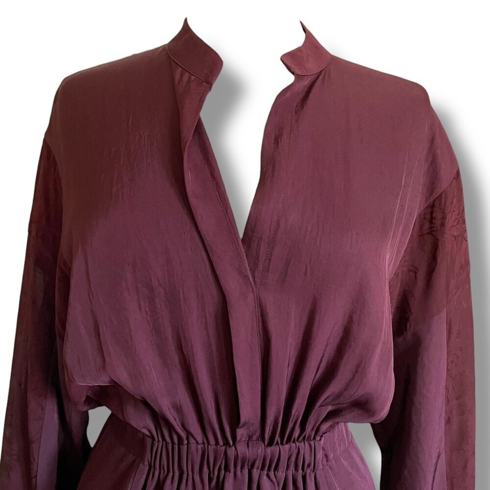 Vince Womens Midi Dress Sz Small Merlot Red Silk Jacquard Minimalist Blouson - Picture 5 of 12